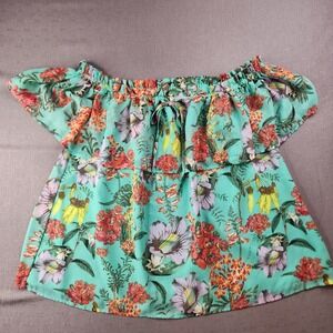 Decree Womens XL Teal Floral Off the Shoulder Ruffle Blouse Chiffon Top Boho